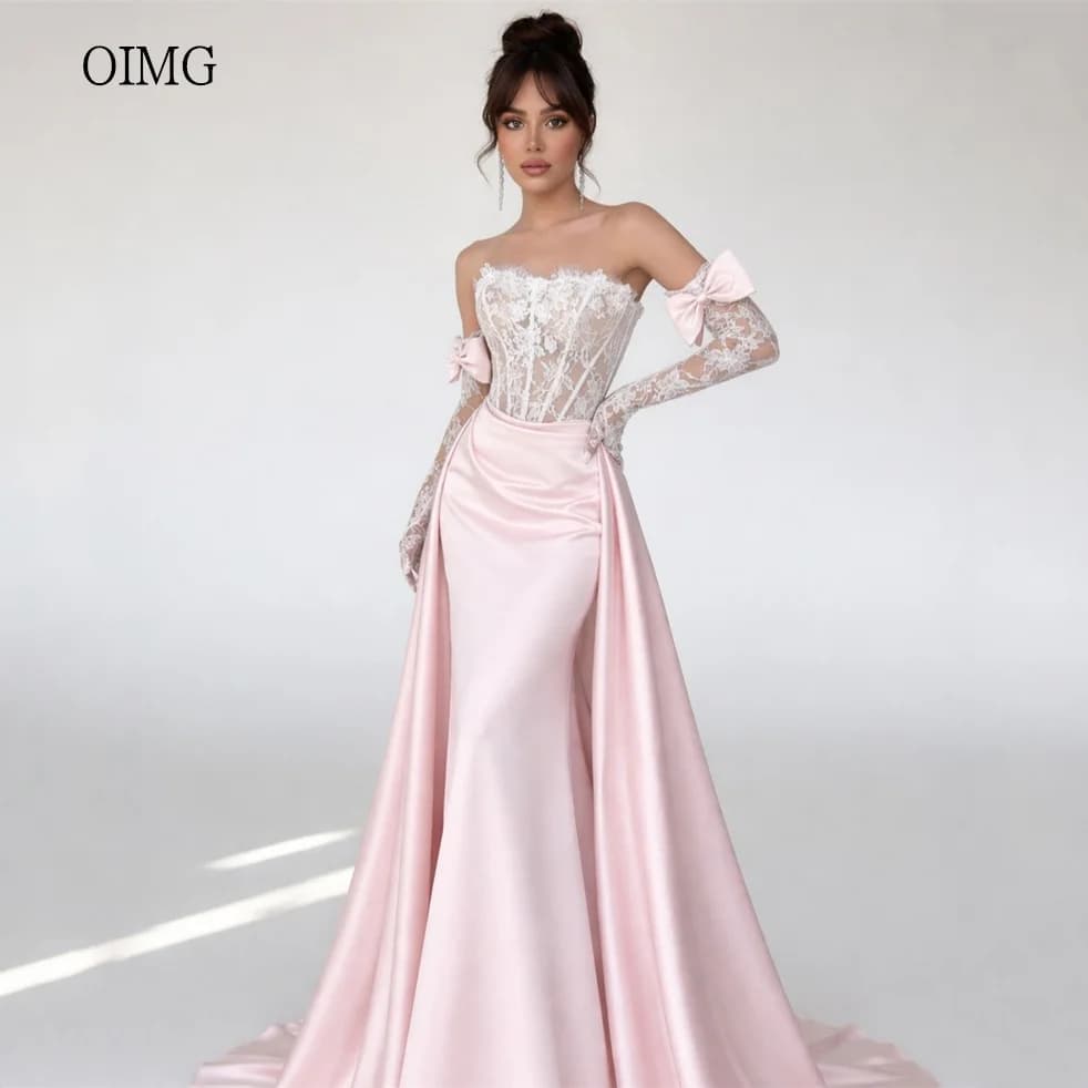 OIMG Opulent Pink Mermaid Prom Gowns Abito da sera in raso e pizzo senza spalline, lungo fino al pavimento, vestidos de gala personalizzato