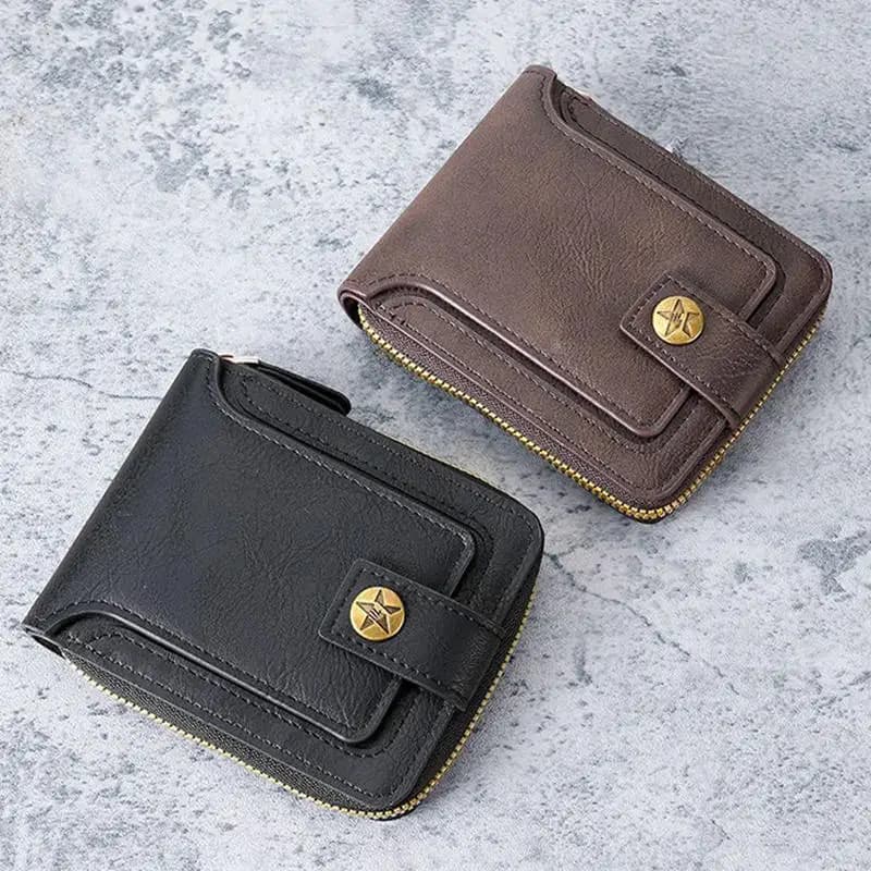 Short Horizontal Zipper Coin Pocket Tri-fold Card Case Purse Billetera Hombre Vintage Men High Quality PU Leather Small Wallet