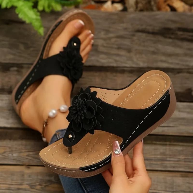 Women's Flower Wedge Flip Flops, Platform Thong Slippers, Breathable Non-slip Sandals, Summer Beach Casual Shoes for Ladies