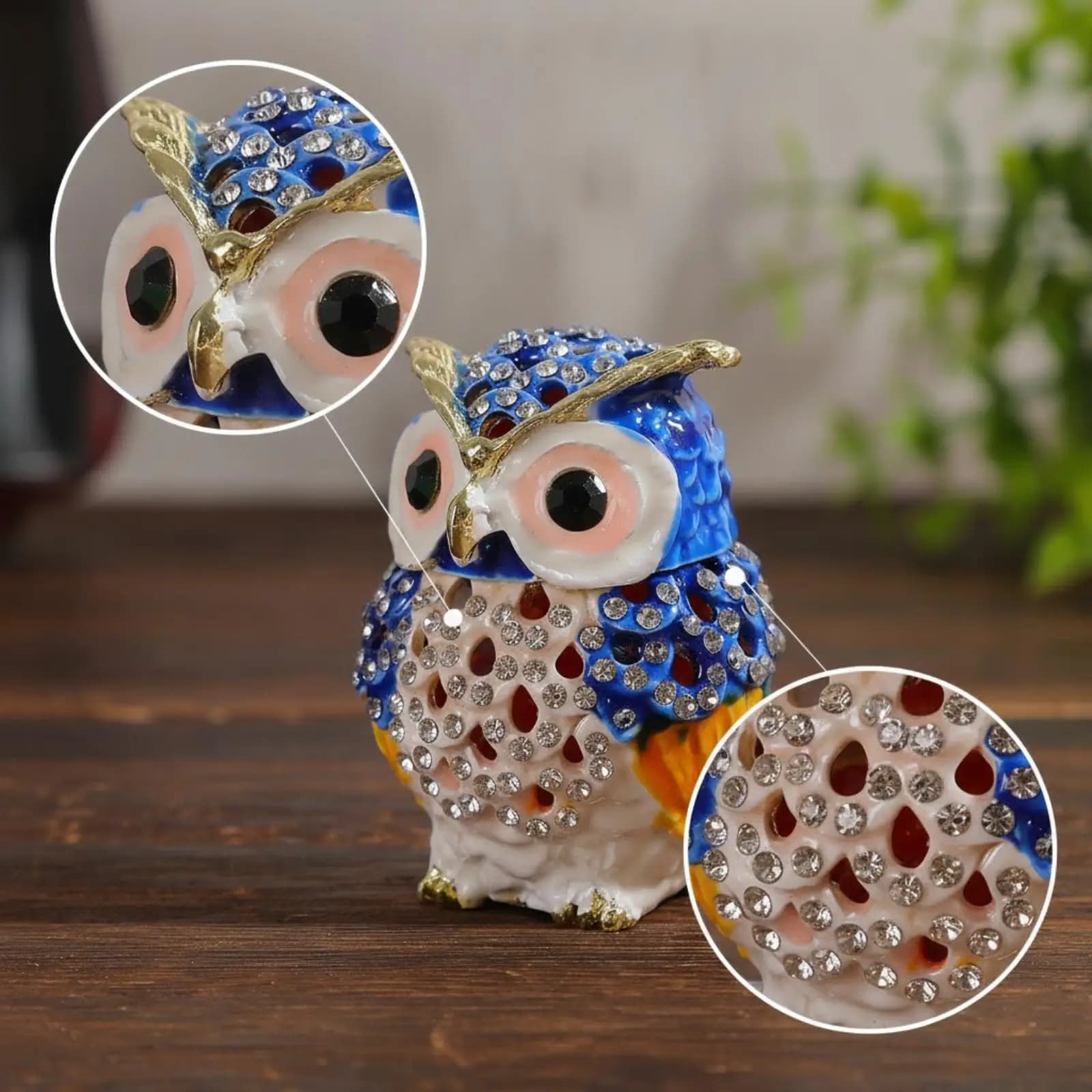 Owl Jewelry Organizer Box Zinc Alloy Figurine with Glitter Trim Compact Trinket Holder for Rings Earrings Bedside Shelf Decor