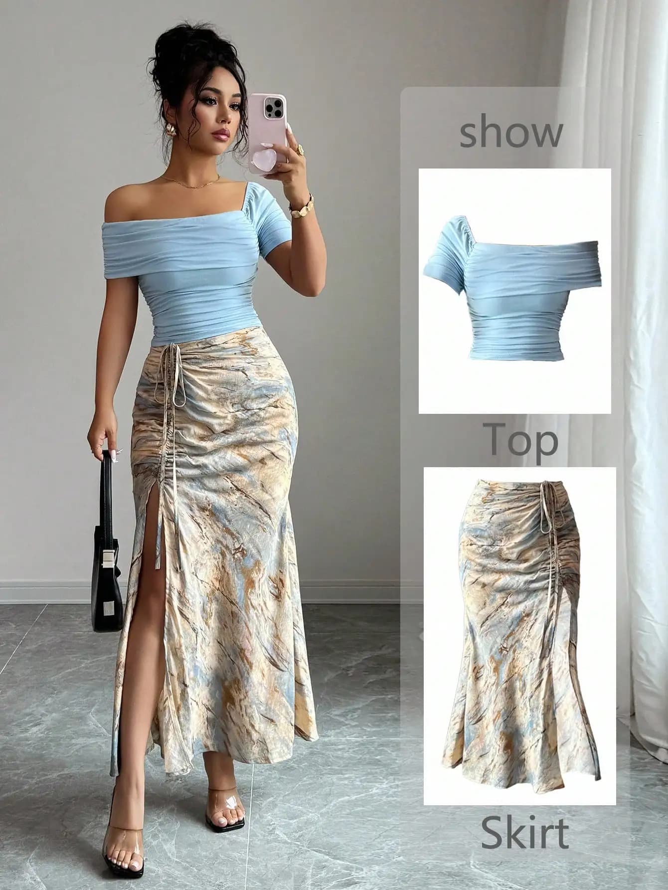 Complete with 2 pieces: Top curled with uncovered shoulders and skirt with marbled print and side slit