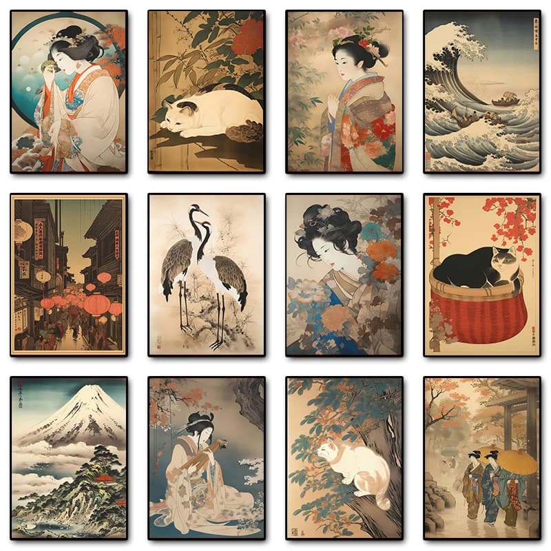Retro Japanese Art Landscape and Figure Painting Cat Crane Temple Lake Village Canvas Painting Wall Art Pictures Home Room Decor
