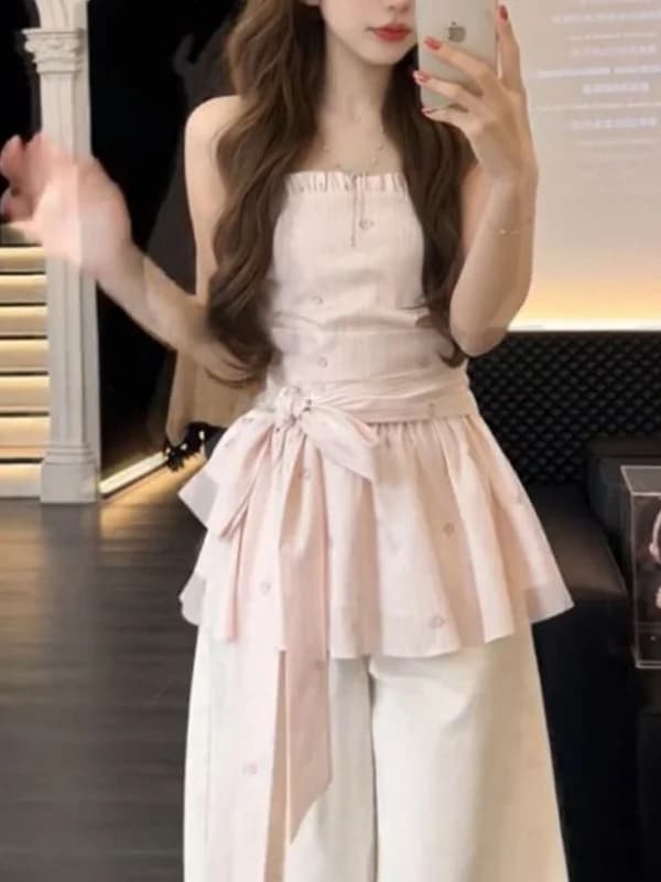 Korean Style Pure Color Strapless Vest Top Women's Summer Belted Waist Tie-Detail Sleeveless Fashionable Trendy Tank Top