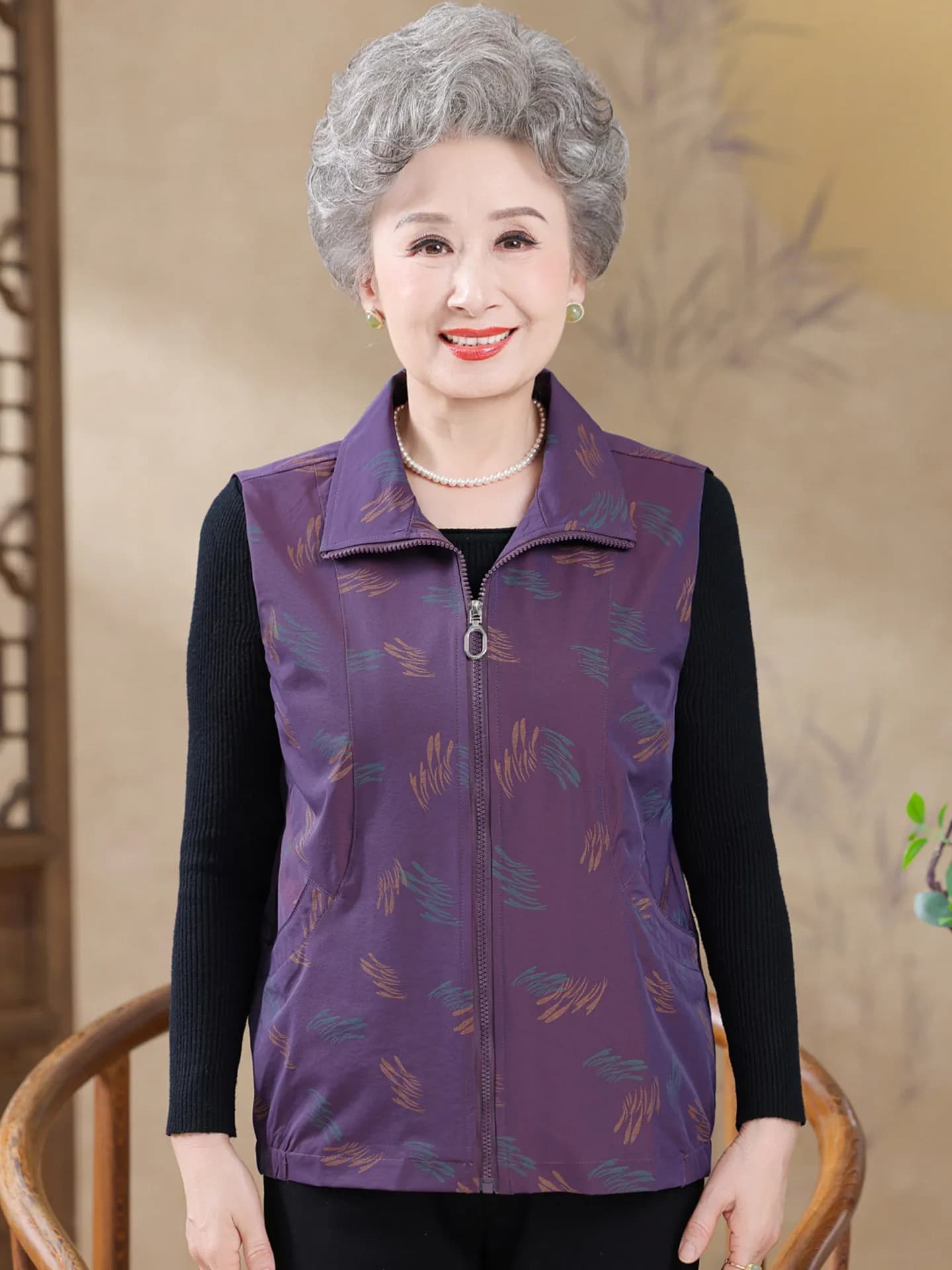 Grandma's Zipper Sleeveless Jacket Spring Autumn Vest Old Lady's Coat Shoulder Pad Thin Outerwear Elderly Women's Fashion Collar