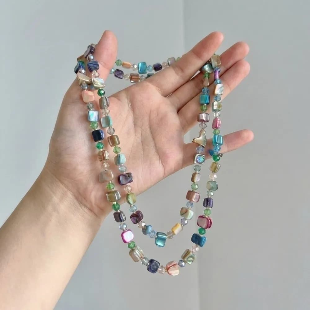 Double Layered Multi-color Natural Stone Necklace Irregular Geometric Mother-of-pearl-lustre Layered Stone Strand Hand Knotted
