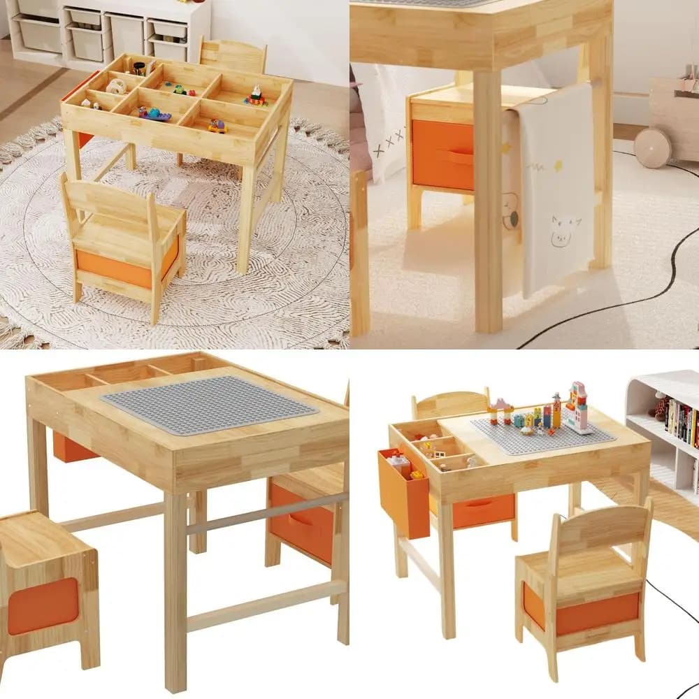 Scrivania artistica per bambini 3 in 1 in legno con contenitori e blocchi rimovibili, finitura naturale, adatta per ragazzi e ragazze