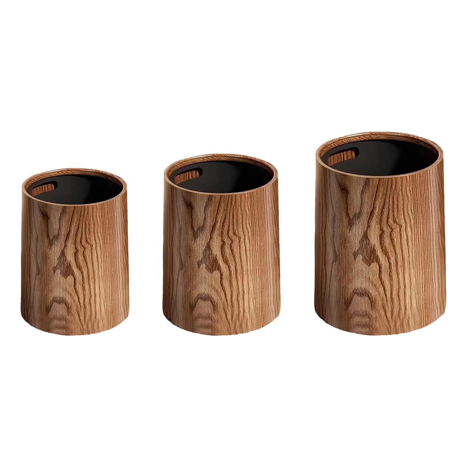 Round retro wood grain waste basket, lidless for easy use. Spacious & durable, ideal for home, fits any room decor perfectly.
