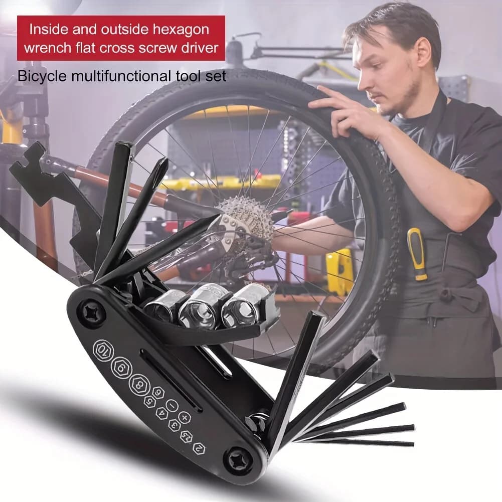 Kit di Riparazione Biciclette 16 in 1, Strumento Multifunzionale con Pompa, Kit Riparazione Pneumatici, Attrezzi per Catena MTB