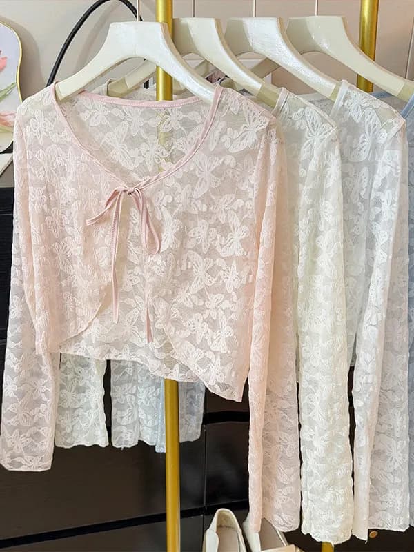 Pure Desire Lace Hollow out Belted Women's Cardigan Spring 2026 Design Sensation with Halter Dress Short Style Shoulder Pad