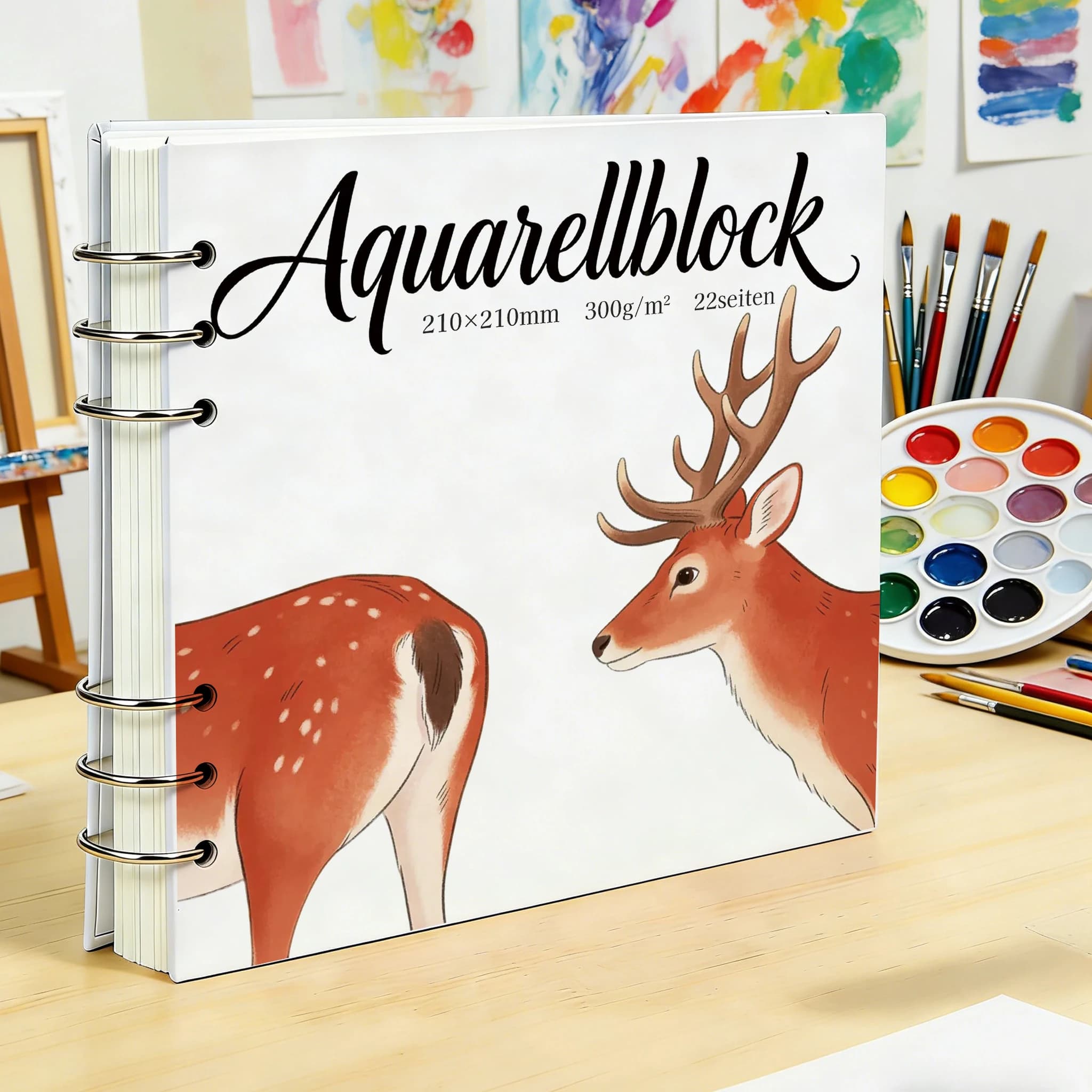 210x210mm 300GSM Heavy Rough Texture Watercolor Paper Pad, Detachable Metal Ring Binder Sketchbook, Deer Pattern Cover Art Noteb