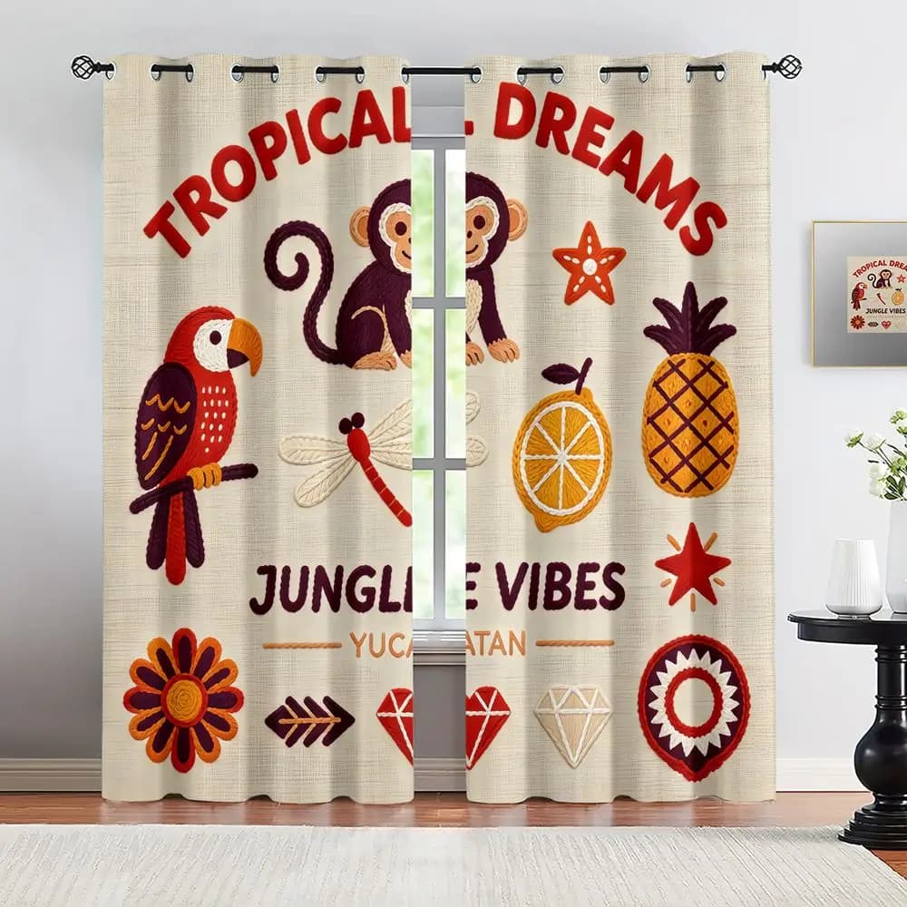 Tropical Dreams Jungle Vibes Yucatan Monkey Parrot Print Curtains, 2-Pcs Digital Printed Blackout Curtains for Living Room