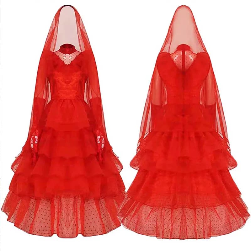 Costume Lydia Deetz con guanti Sciarpa Lydia Abito da sposa da donna Abito rosso gotico Abiti di Halloween con velo Beetle Sposa Cosplay