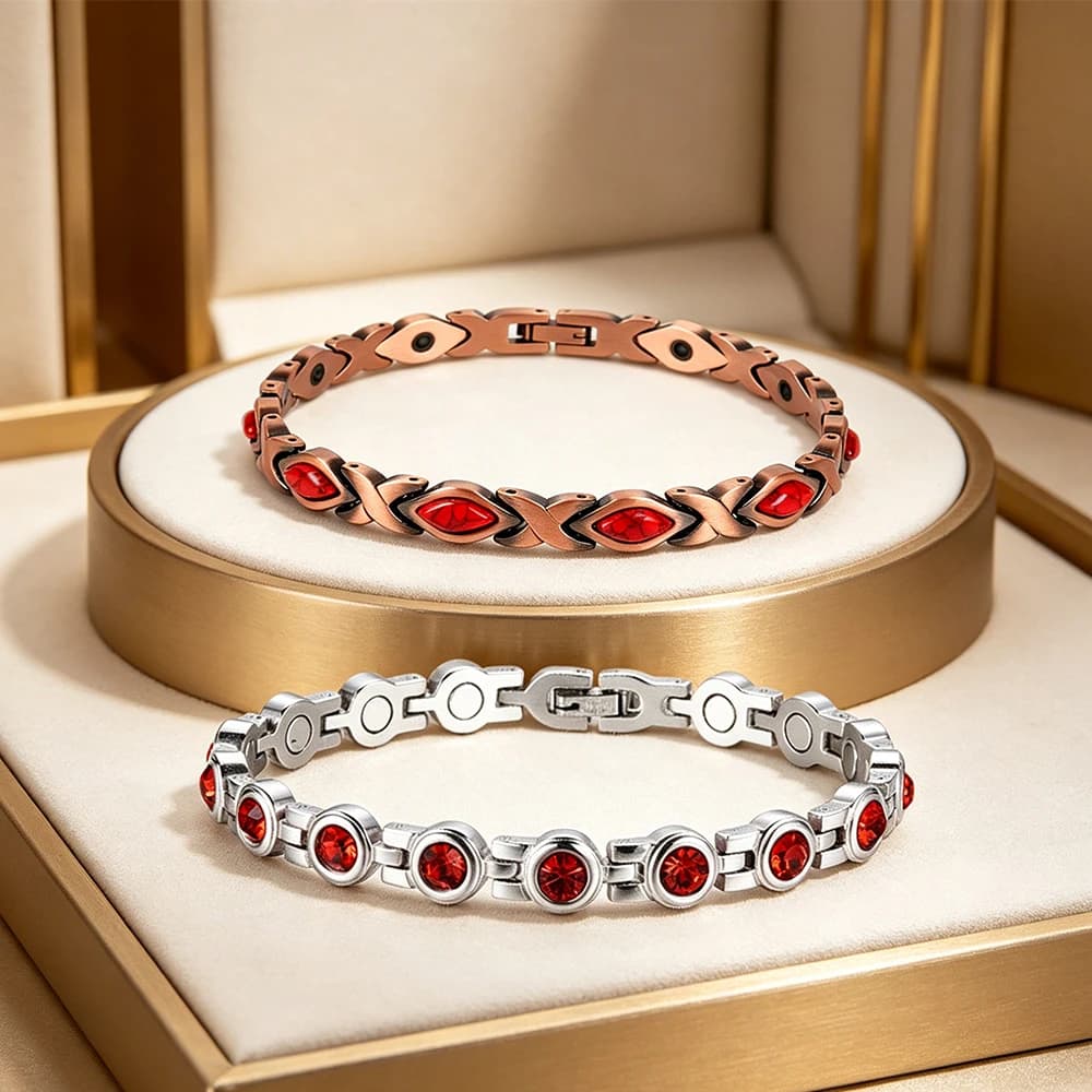 Bracciale Magnetico Terapeutico con Cristallo Rosso Occhio di Allah, Bracciale a Maglie Tono Rame Argento, Gioielli Salute per Donna