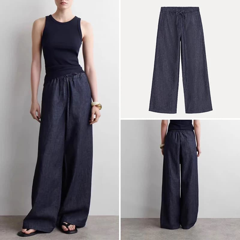 Jeans a Gamba Larga da Donna Estate 2025, Pantaloni a Vita Alta con Cordoncino, Gamba Dritta, Comodi e Casual in Denim