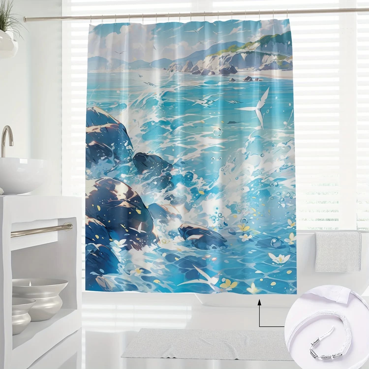 Tenda da doccia moderna a tema oceano da 1 pezzo con stampa digitale, design con onde blu vibranti e gabbiano, tessuto in poliestere resistente, Machi