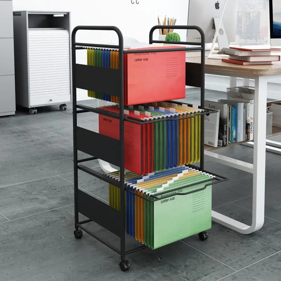Carrello Portadocumenti in Metallo a 3 Ripiani con Ruote, per Archiviazione a Sospensione Formato Letter, Mobile con Cassetti Estraibili