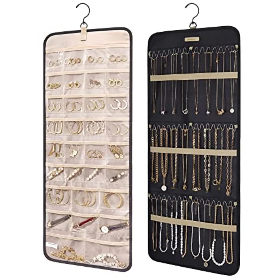 Hanging Jewelry Organizer Storage Roll with Hanger Metal Hooks Double-Sided Jewelry Holder for Earrings, Necklaces, Rings on Cl