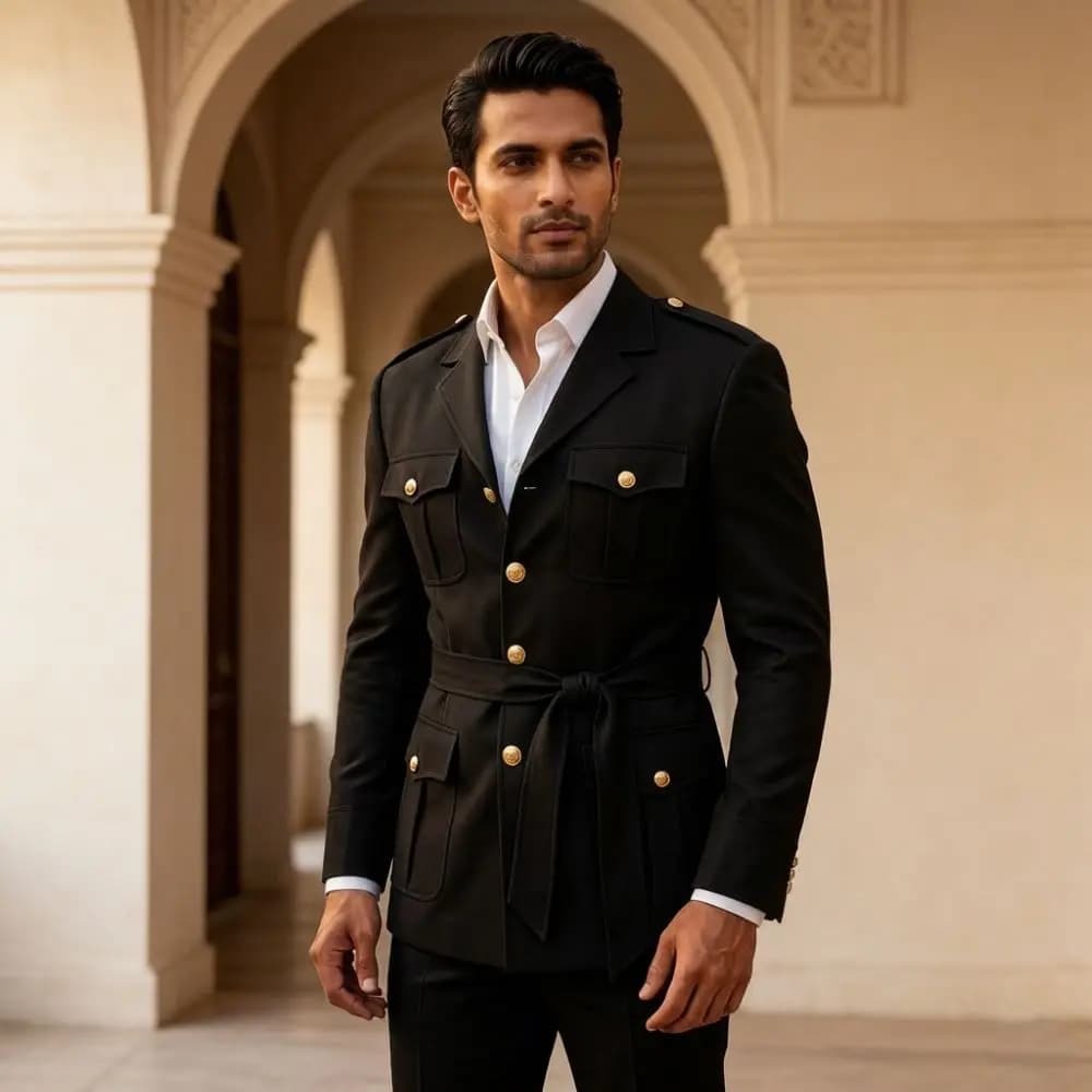Men 2 Piece Linen Safari Suits Wedding Groom with Gold Buttons Black Slim Fit Feature Belted Waist for Elegant Formal Occasions