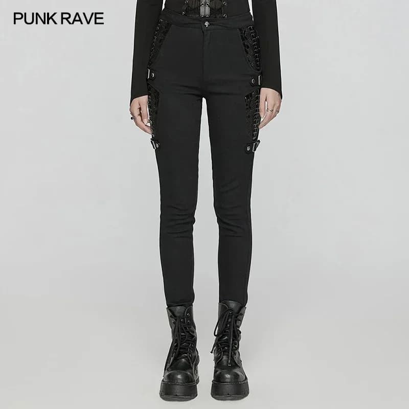 PUNK RAVE Leggings in tessuto Twill Punk da donna scheletri in pelle verniciata su entrambi i lati bei pantaloni personalizzati Streetwear
