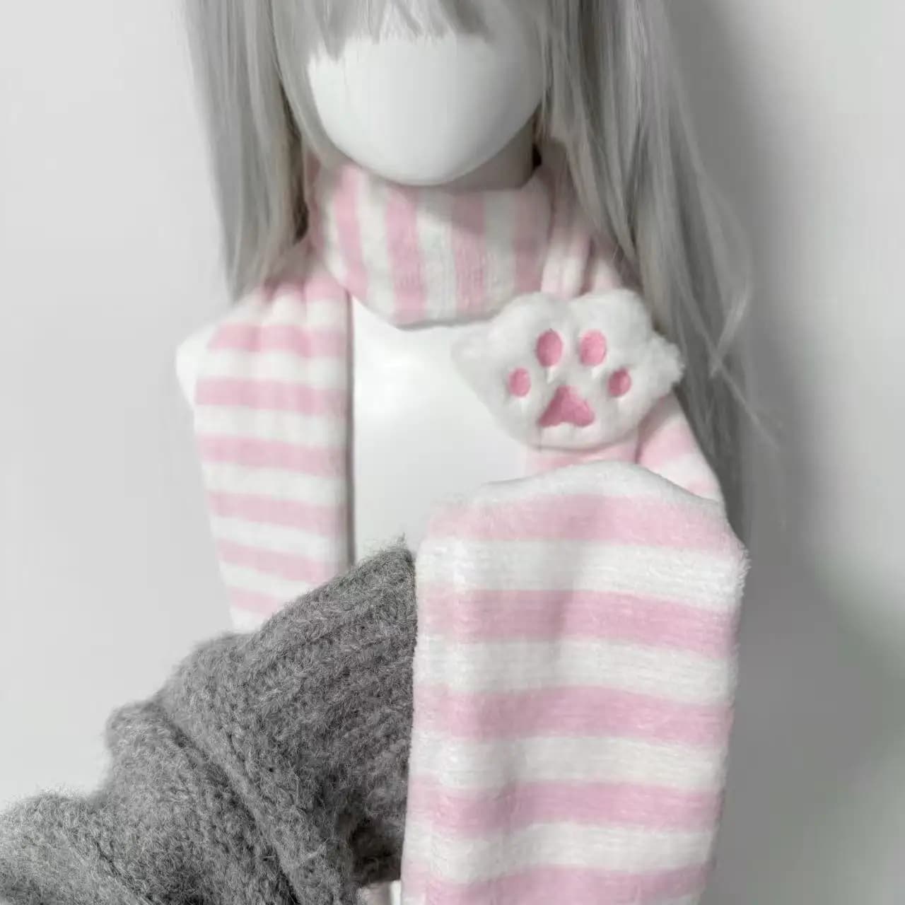 Sciarpa Kawaii con Decorazione a Zampa di Gatto, Sciarpe a Righe Y2K, Accessori Carini per l'Autunno e l'Inverno, Sciarpa Calda per Subculturalisti