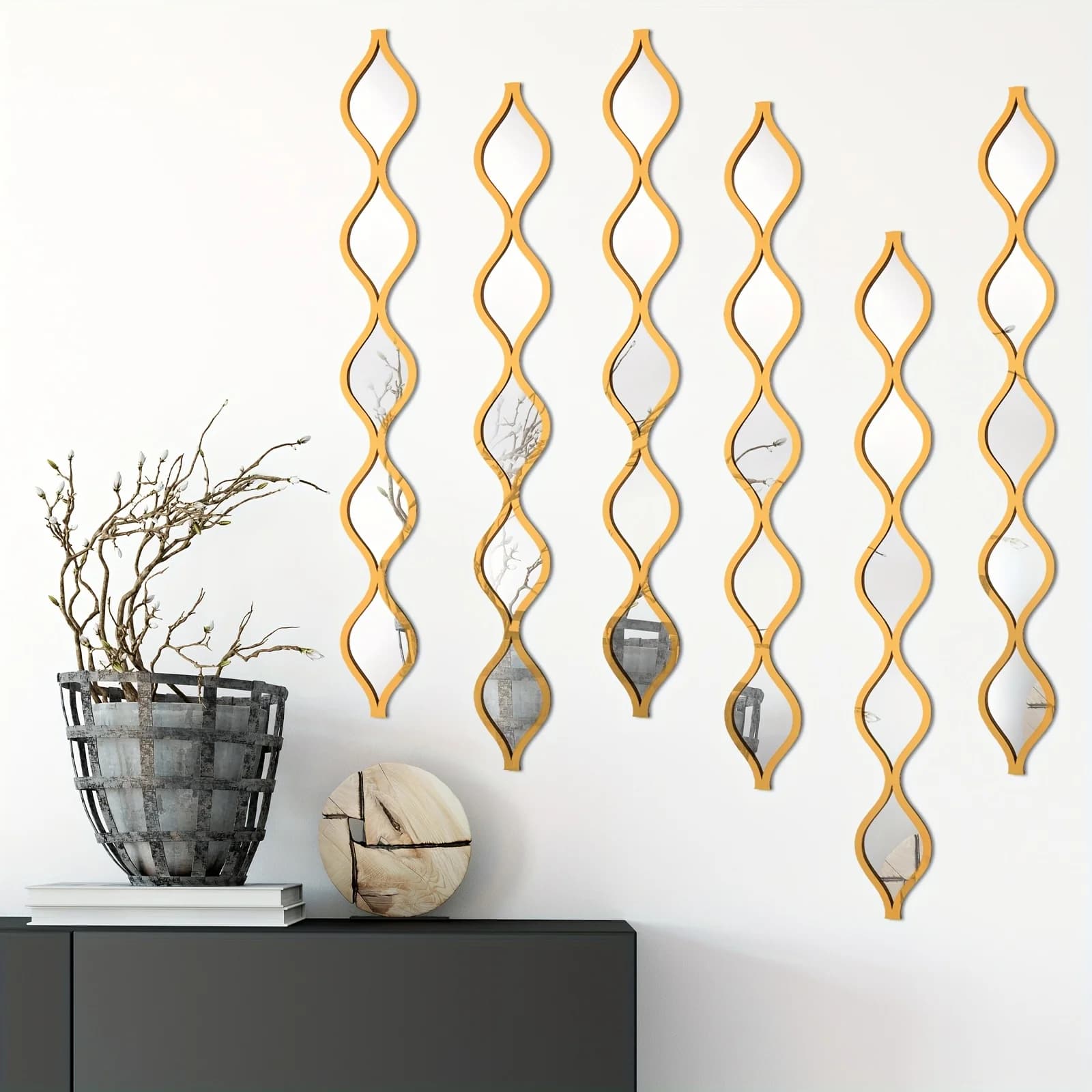 6-Piece Acrylic Teardrop Mirror Wall Decor – Golden-Edged Boho-Inspired Hanging Mirrors for Living Room, Bedroom, Bathroom, Hallway, or Apartment Space