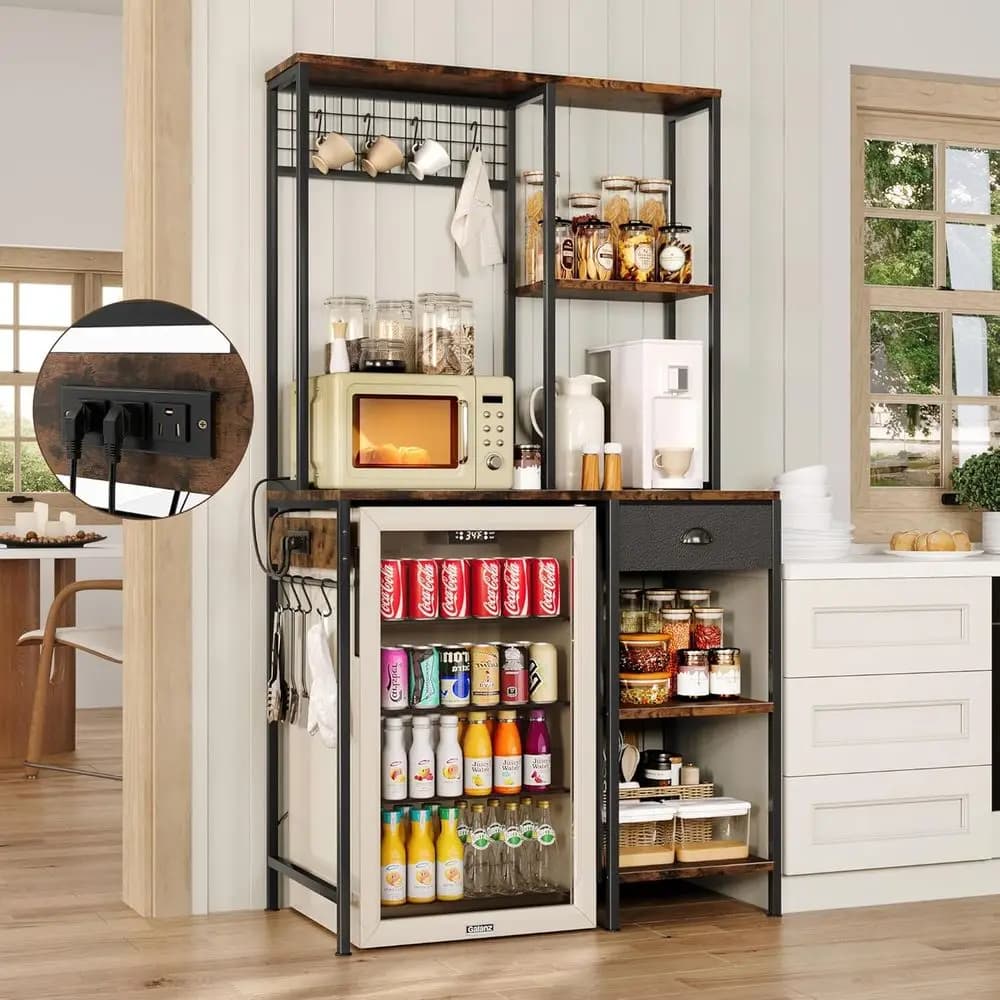 3-Tier Adjustable Shelving Rack with Power Outlet, Storage Drawer, and S-Hooks for Microwave and Coffee Maker