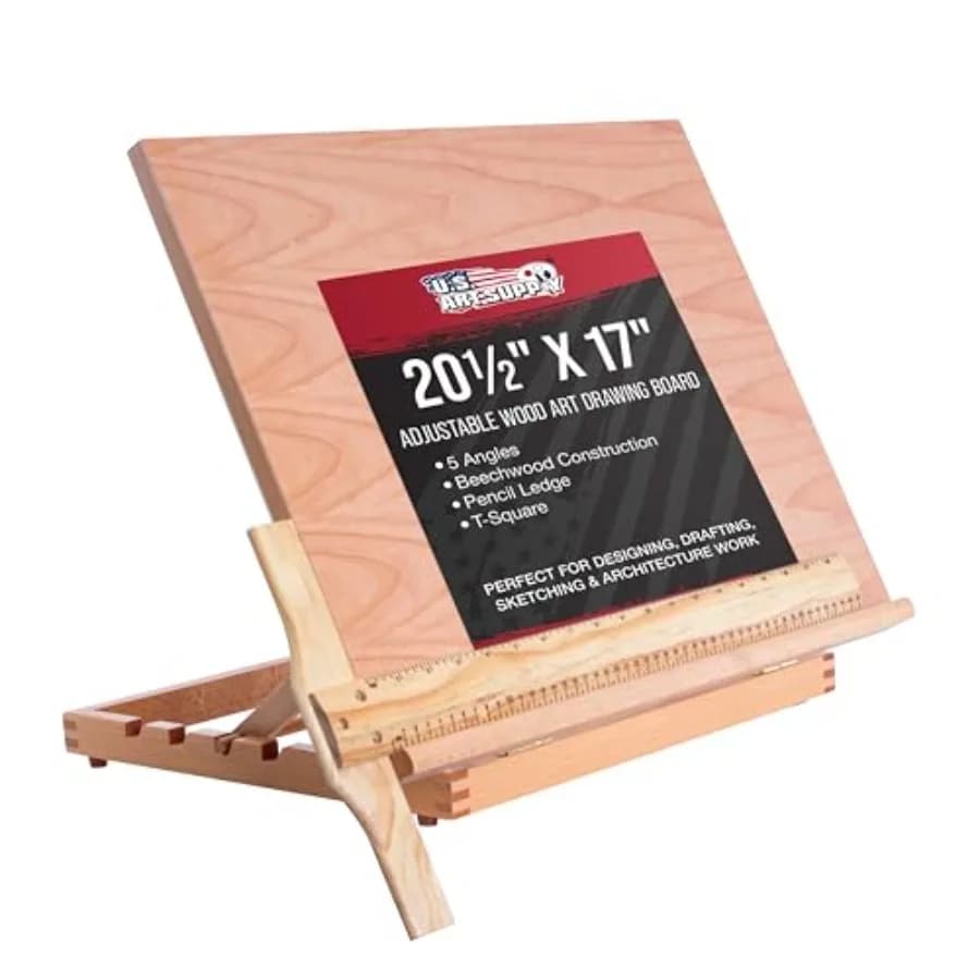 Grande tavolo da disegno in legno da 20-1/2" x 17" con cavalletto da tavolo regolabile per pittura e disegno - Tavolo da disegno con penna a T