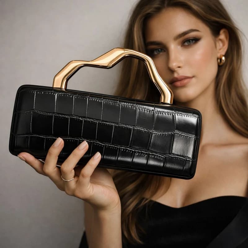 Black Crocodile Pattern Evening Clutch Bag Luxury Gold Metal Handle Box Purse for Women Wedding Party Cocktail