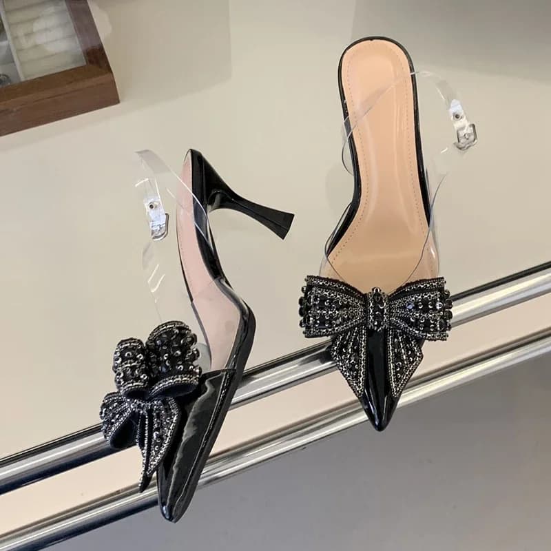 Sandali da Donna Eleganti con Punta a Stiletto, Fiocco con Strass, Tacco a Spillo Trasparente in PVC, Slingback, per Feste, Spedizione Diretta