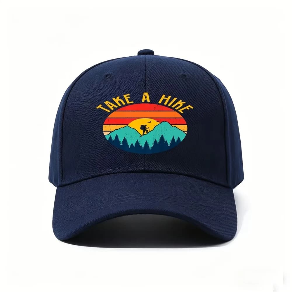 1pc Retro Hiker Baseball Cap - Adjustable Lightweight Outdoor Hat with Mountain Hiker Silhouette Print