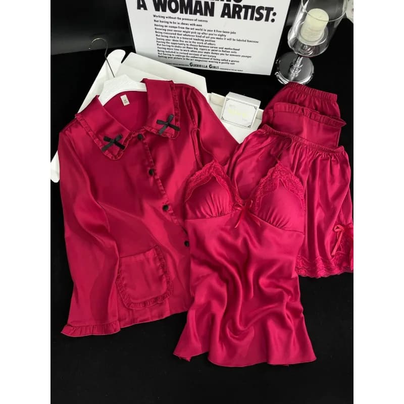Doll Collar Shirt Sling Shorts Pants Sleepwear Female 4PCS Pajamas Set Satin Nightwear Rayon Home Wear Nighty Robe Suit