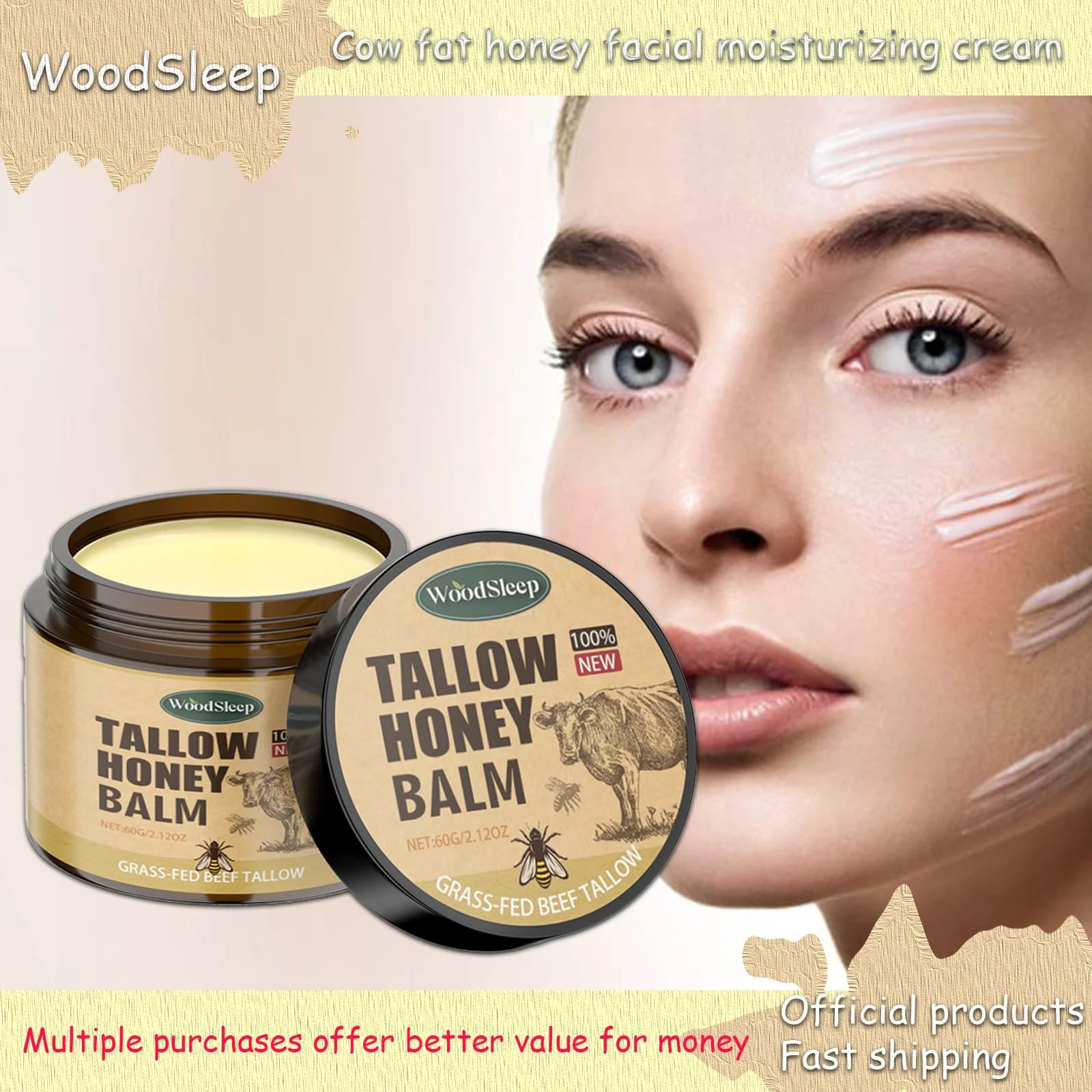 WoodSleep 60g Crema idratante viso al miele di manzo Tallow - Idratazione intensa per la pelle secca, Cura della pelle invernale anti-screpolature per donne e uomini