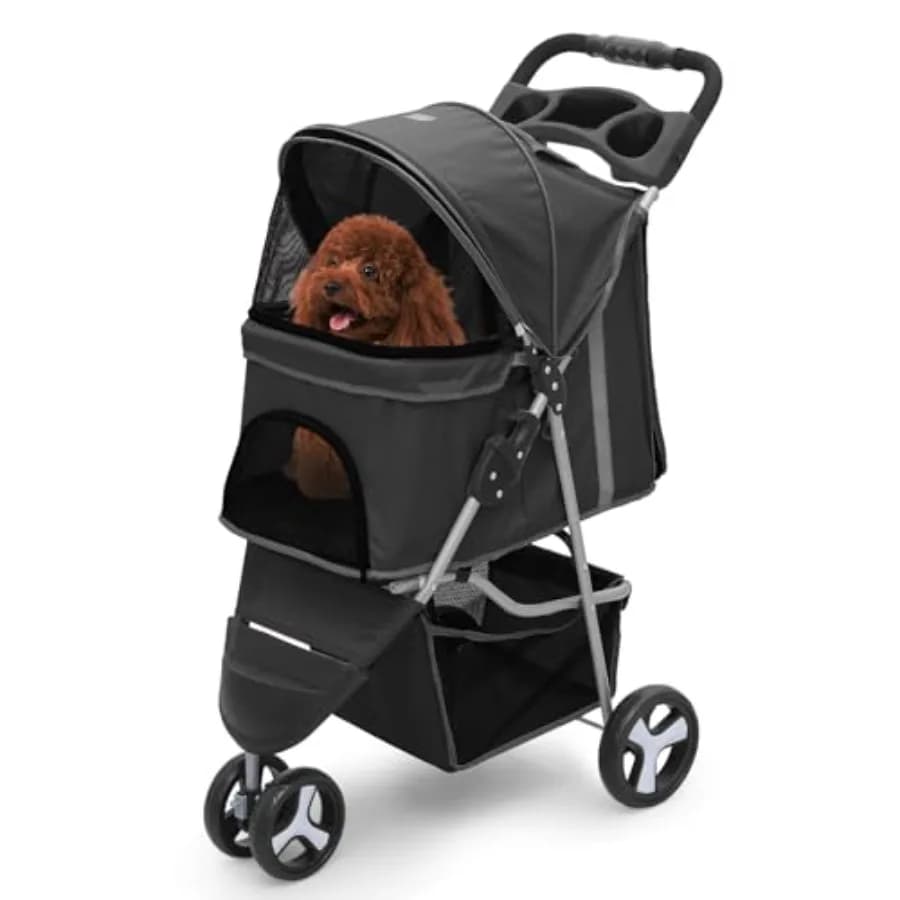 Passeggino per cani e gatti: passeggino pieghevole per animali domestici con portabicchieri, vano portaoggetti inferiore, nero, supporta animali fino a 15 kg (33 libbre)