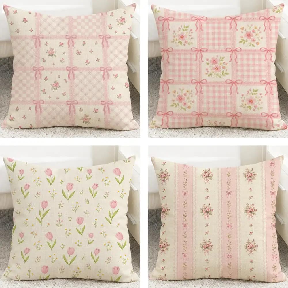 Pattern Pink Floral Spring Cushion Cover Cushion Covers Natural Linen Breathable Sofa Bedroom Decor Pillowcase