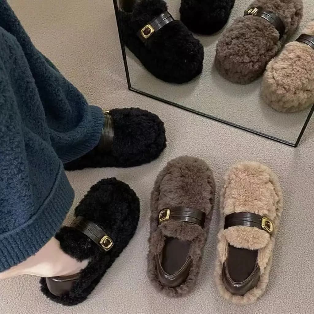 Pantofole da donna con fondo spesso in pelliccia, per interni ed esterni, nuove di primavera, alla moda, casual, slip-on, calde, in cotone, stile romano, con tacco piatto