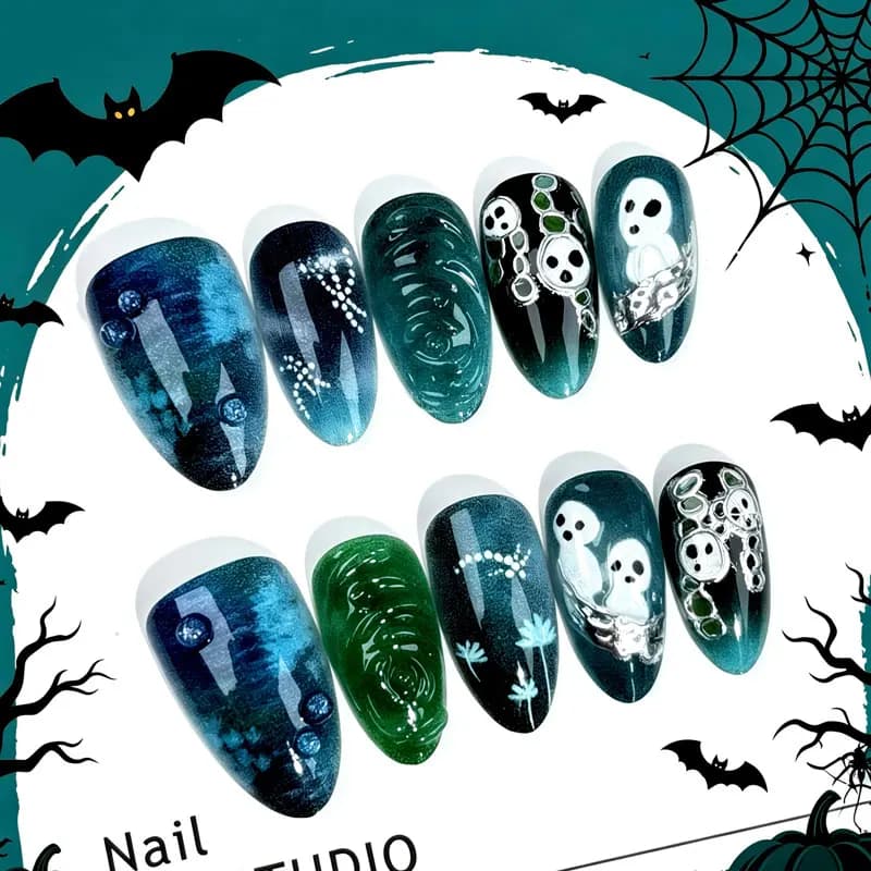 10Pcs Cartoon Pumpkin Cute Ghost Halloween Nail Stickers Gilded Manicure Decals Press on Nails Nail Art Fake Nail Reusable
