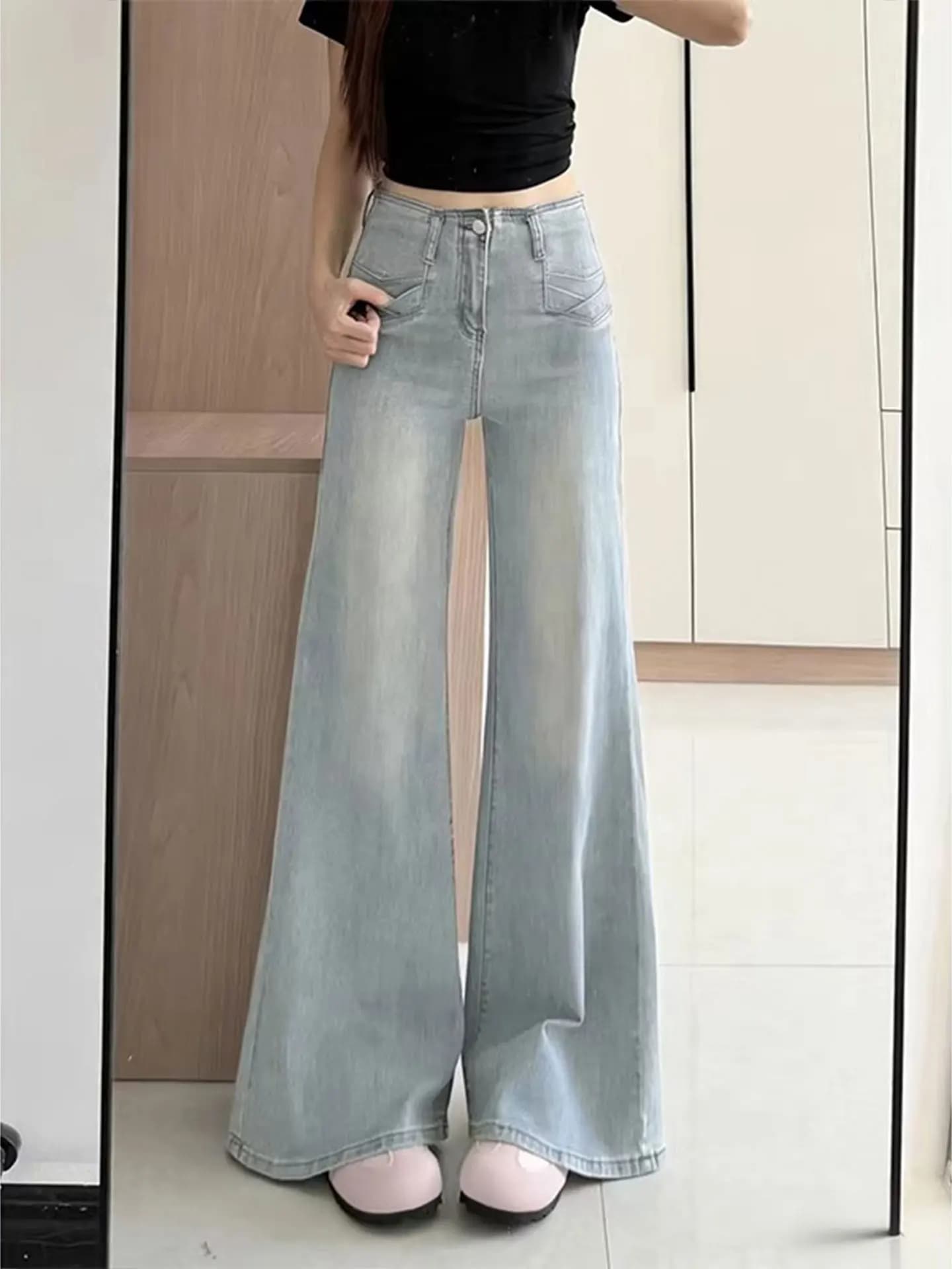 Jeans a Vita Alta e Gamba Larga per Donna, Moda Estiva, Non Leggings, Pantaloni Lunghi Bootcut in Denim Elasticizzato Blu