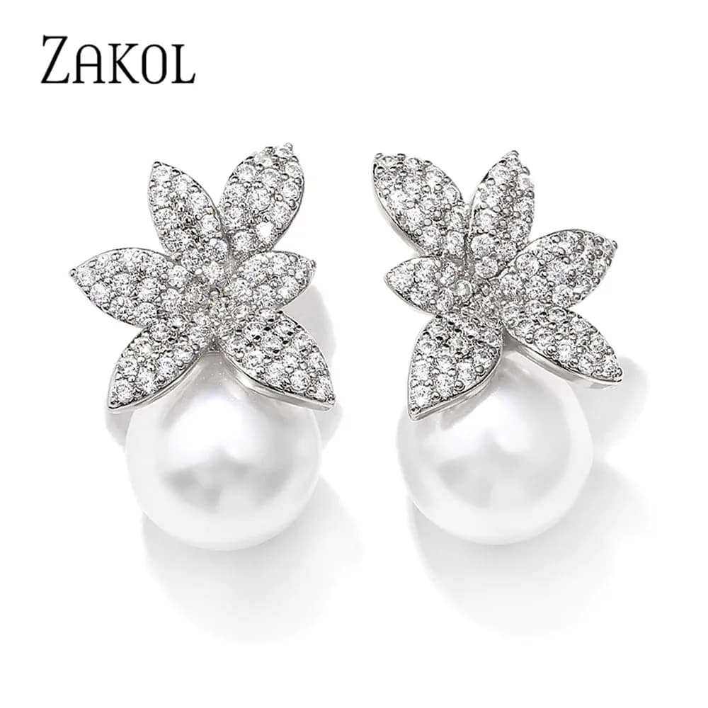 ZAKOL Korean Fashion Female Crystal Imitation Pearls Leaf Stud Earrings for Women Girls Micro Zircon Charm Bridal Jewelry