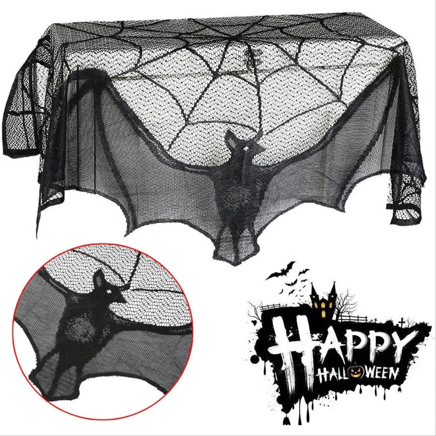 Halloween Black Lace Bat Spider Web Curtain Door Window Tablecloth Shower Fireplace Mantle Scarf Cover Home Decor