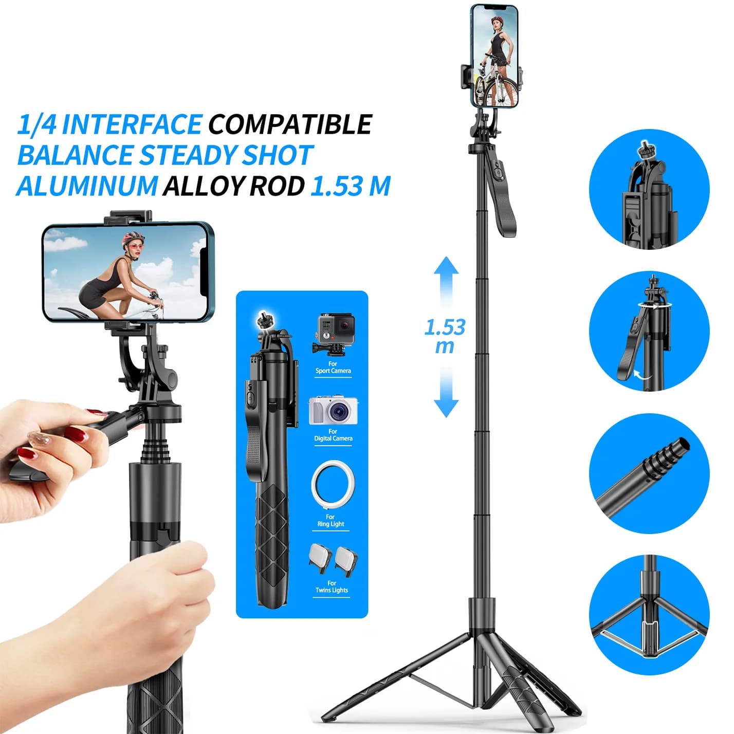 Treppiede Wireless per Selfie da 1530mm, Supporto per Telefono con Interfaccia a Vite 1/4 per Fotocamera e Smartphone