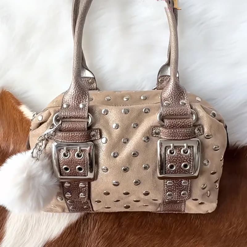 Retro Y2k Studded Boston Handbag Women Punk Riveted Belt Buckle Decor Motorcycle Bag Fashion Niche Underarm Shoulder Bag