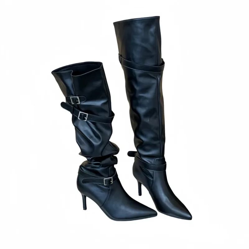 Black Thigh High Boots Woman Pionted Toe Belte Buckle Ladies Shoes Sexy Stiletto Heels Long Boots Over The Knee
