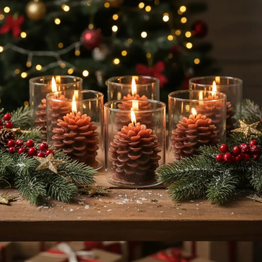 6 set of pine candles, flammable acorn decorations with straight glass container, unscented real wax candle for winter christmas decorations