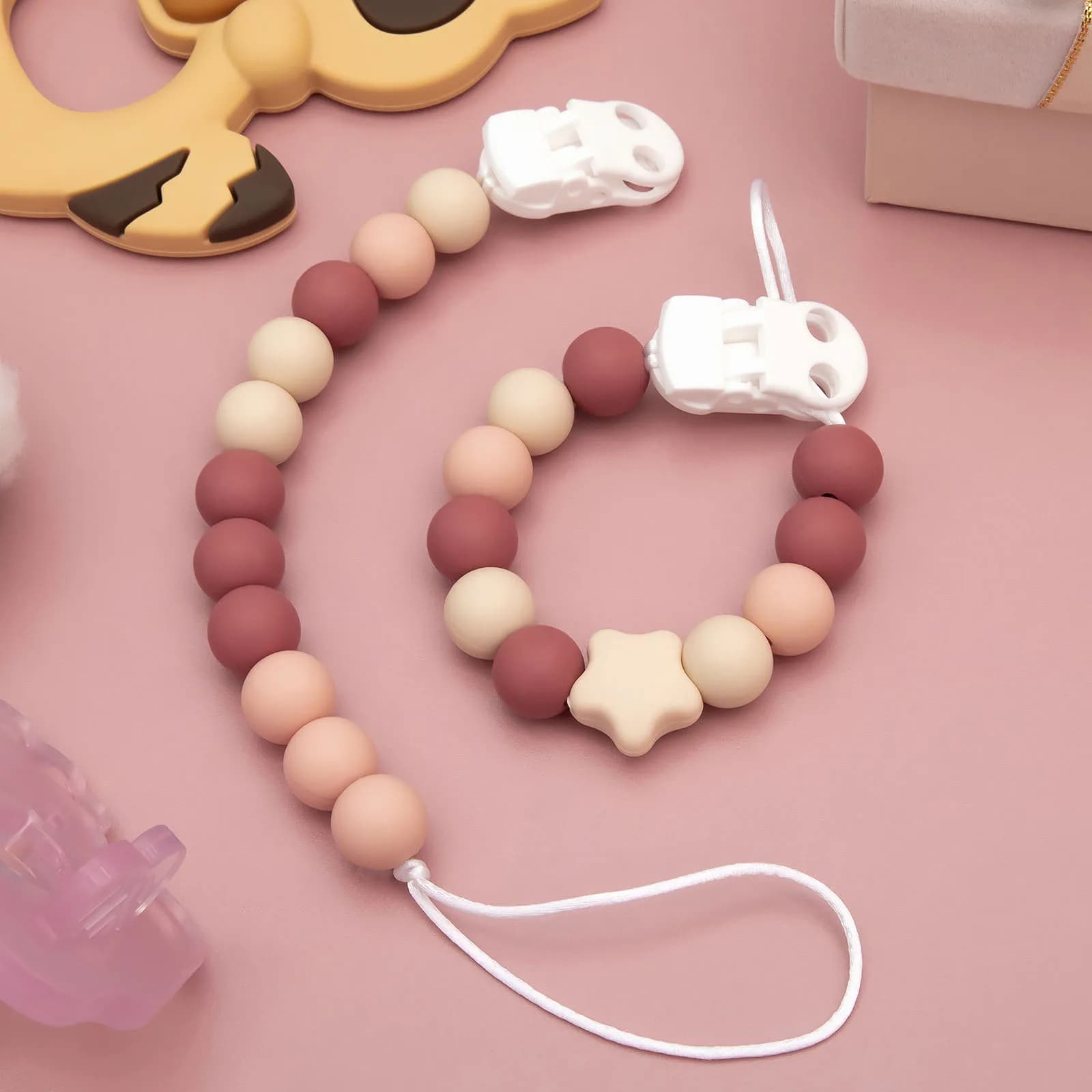 Fatto a mano in silicone per neonati, ciuccio, succhietto, clip per capezzoli, catena, cinturino, massaggiagengive, giocattolo da masticare, catena per dentizione