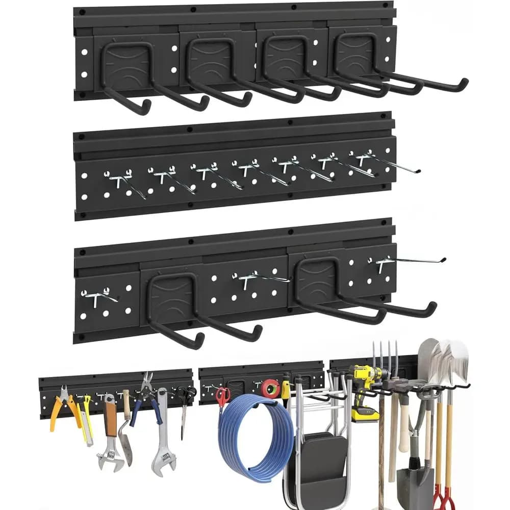 Rastrelliera da Parete Resistente da 48 Pollici con 3 Guide Metalliche e 16 Ganci, Compatibile con Pannelli Forati e Slatwall, Nera