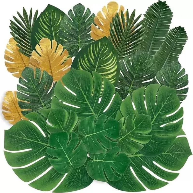 30pcs tropical fake monstera golden palm leaves artificial plant leaves hawaii beach party wedding scene decoration supply