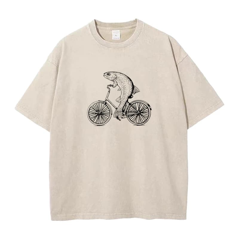 Tops & Tees Washed Tops Shirt Bicycle Trout VALENTINE DAY Cotton Fabric O Neck Men Washed Retro T Shirts Normal Newest