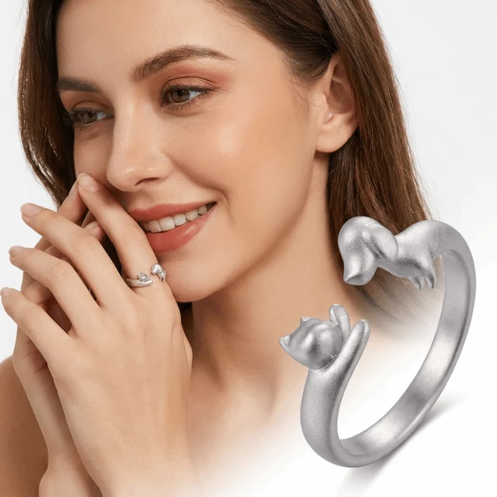 Silver Color Cat Dog Hug Rings Alloy Material Compact Lovely Outline Open Adjustable Ring Fine Polished Workmanship Stable Shape