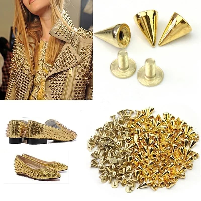 100 Pezzi Borchie e Punte Coniche Nere, Oro e Argento, Rivetti Punk Cool per Abbigliamento, Borse, Scarpe, Pelle e Artigianato Fai da Te