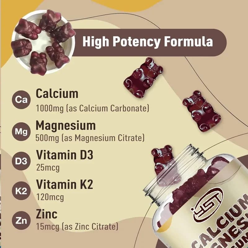 Gummie supplement to calcium, magnesium, zinc containing vitamin D3 and K2, 60 gummy candies for bone health and muscle function
